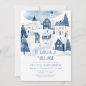 It takes a village Winter Navy Baby Boy Shower 招待状 (正面)