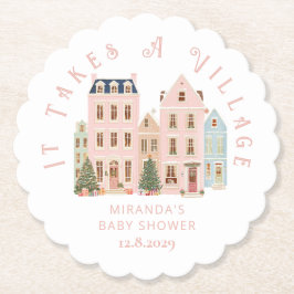 It takes a Village Winter Pink Snow Baby Shower ペーパーコースター