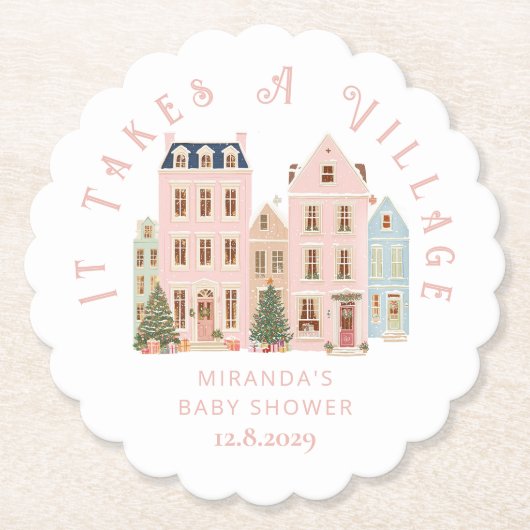 It takes a Village Winter Pink Snow Baby Shower ペーパーコースター (正面)