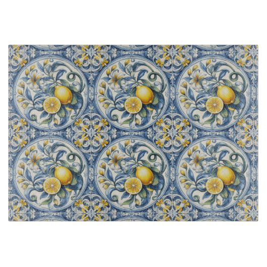 Italian Amalfi blue white tiles lemons カッティングボード (正面)