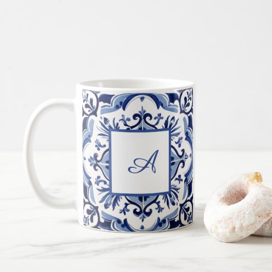 Italian Amalfi blue white tiles | your initial コーヒーマグカップ (ドーナツ)