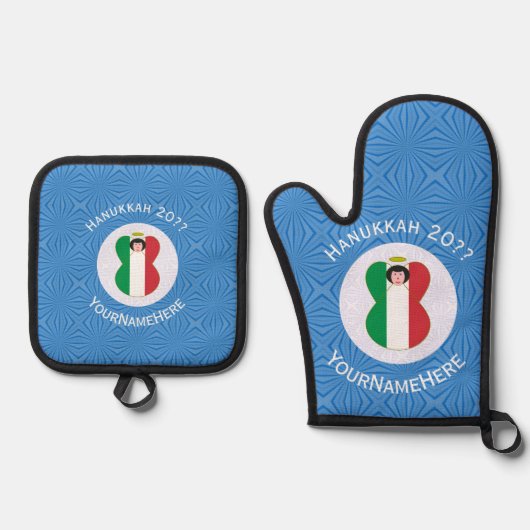 Italian Angel Hanukkah Flag Personalized  鍋つかみ&鍋敷きセット (正面)