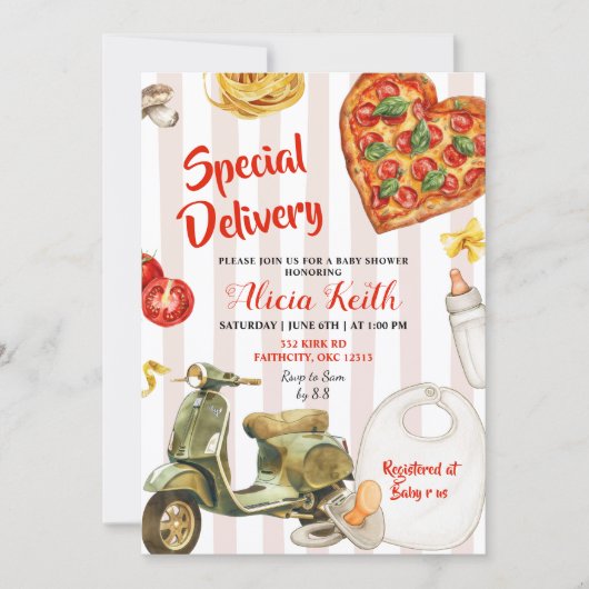 italian baby shower pizza special delivery 招待状 (正面)