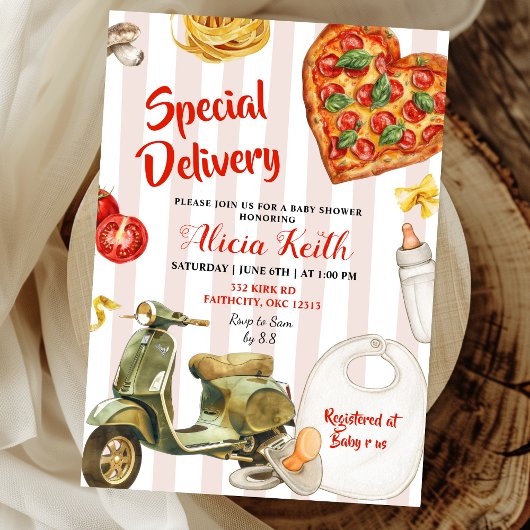 italian baby shower pizza special delivery 招待状