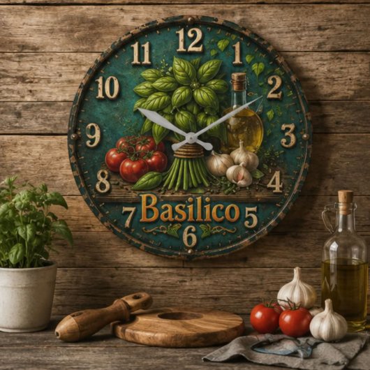 Italian Basil Kitchen Rustic Farmhouse ラージ壁時計