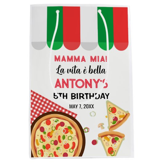  Italian Birthday Pizza Party ミディアムペーパーバッグ (正面)