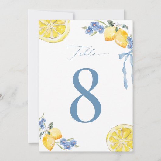 Italian Blue Bow Lemon Wedding 5x7 Table Number 招待状 (正面)