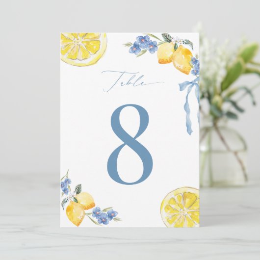Italian Blue Bow Lemon Wedding 5x7 Table Number 招待状 (スタンド正面)
