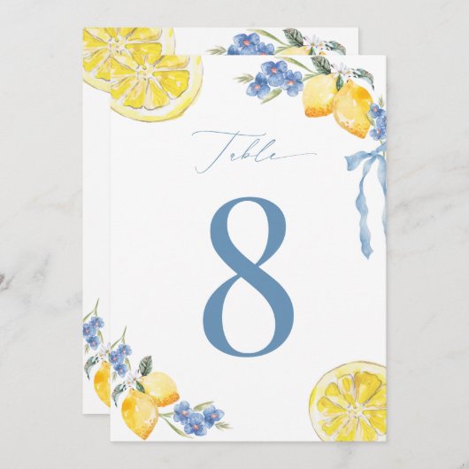 Italian Blue Bow Lemon Wedding 5x7 Table Number 招待状 (正面/裏面)