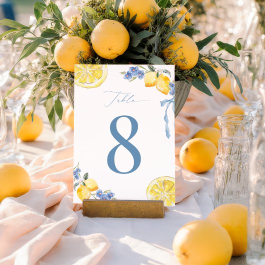 Italian Blue Bow Lemon Wedding 5x7 Table Number 招待状