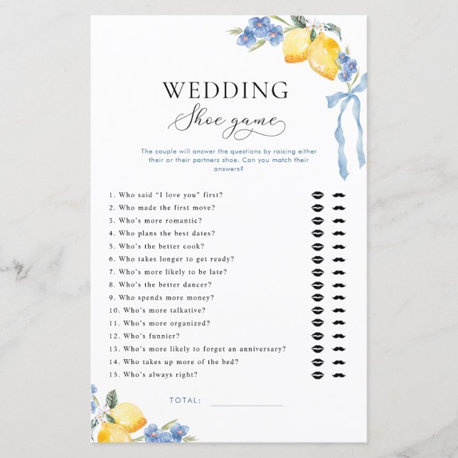 Italian Blue Bow & Lemons Bridal Wedding Shoe Game (正面)