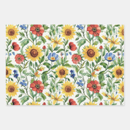 Italian Blue Red Yellow Floral Stripes Birthday ラッピングペーパーシート