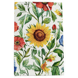 Italian Blue Red Yellow Sunflowers Floral Birthday ミディアムペーパーバッグ