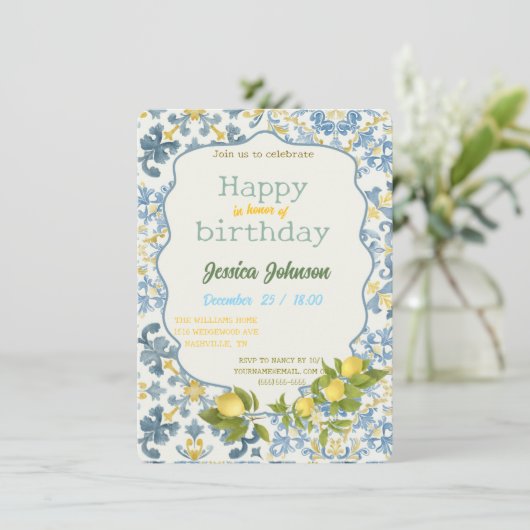 Italian Blue Tile Lemon Invitation 招待状 (スタンド正面)