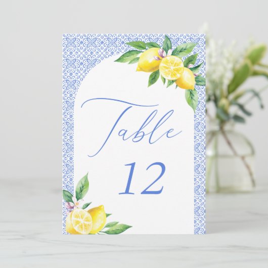 Italian Blue Tile Lemon Positano Table Number 招待状 (スタンド正面)