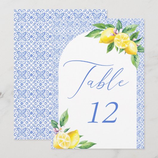Italian Blue Tile Lemon Positano Table Number 招待状 (正面/裏面)