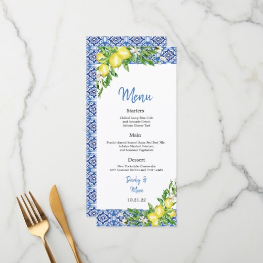 Italian Blue tile Lemon Wedding Reception menu メニュー (正面/裏面インサイチュ)