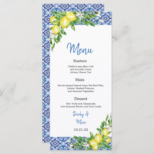 Italian Blue tile Lemon Wedding Reception menu メニュー (正面/裏面)