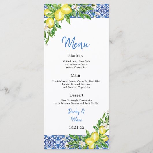 Italian Blue tile Lemon Wedding Reception menu メニュー (正面)