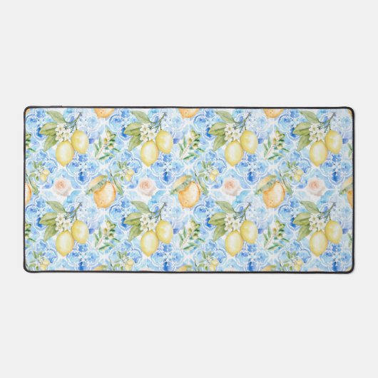 Italian Blue Tile Yellow Citrus Watercolor デスクマット (正面)