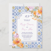 Italian blue tiles bold boho floral photo wedding 招待状 (正面)