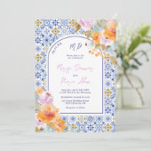 Italian blue tiles bold boho floral photo wedding 招待状 (スタンド正面)