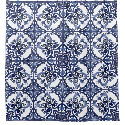 Italian Blue & White Sicilian Majolica Tiles シャワーカーテン (正面)