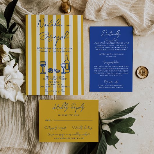 Italian Blue Yellow Hand Written Painted Wedding 招待状