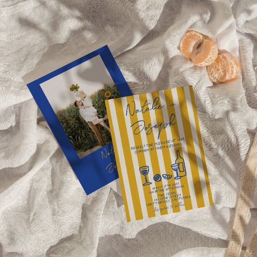 Italian Blue Yellow Hand Written Photo Wedding 招待状