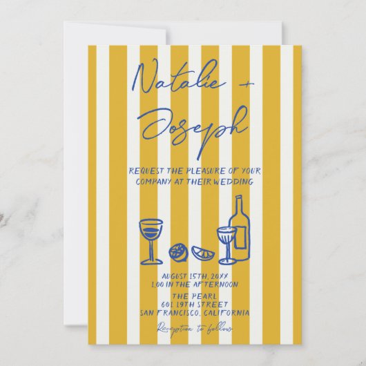Italian Blue Yellow Hand Written QR Code Wedding 招待状 (正面)