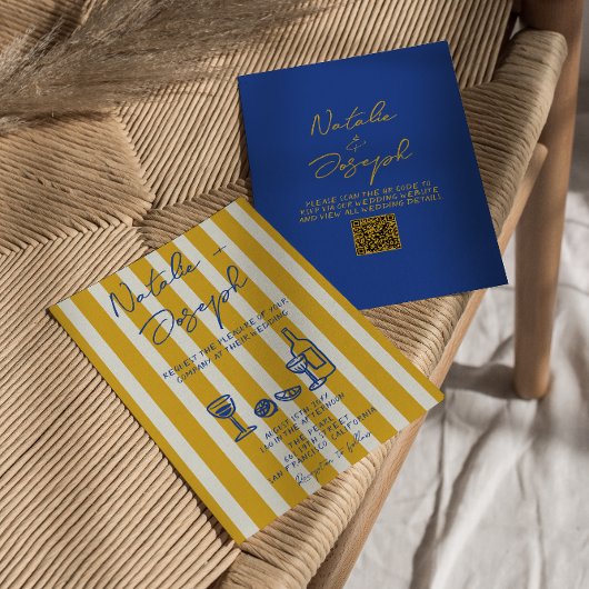 Italian Blue Yellow Hand Written QR Code Wedding 招待状