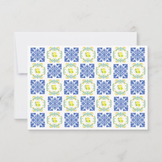 Italian Blue & Yellow Lemon Tile Wedding 出欠カード (裏面)