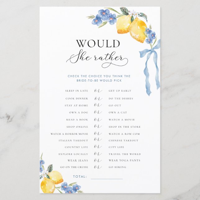 Italian Bow & Lemons Bridal Would She Rather Game (正面)