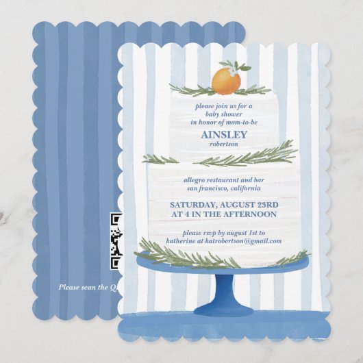 Italian Cake Blue Striped Baby Shower Invite 招待状 (正面/裏面)