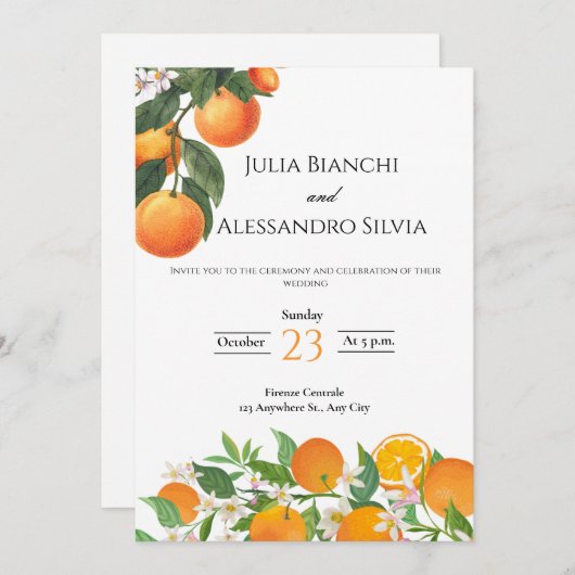 Italian Citrus Orange Blossom Wedding Invitation 招待状 (正面/裏面)