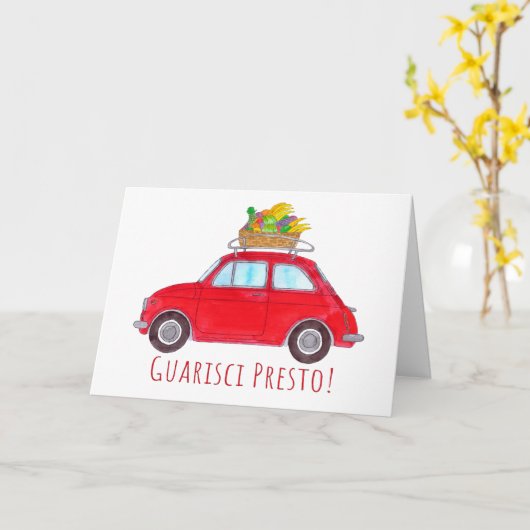 Italian Get well Red Retro Fiat 500 カード (黄色い花)