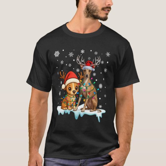 Italian Greyhound Christmas Lights Santa Hat Reind Tシャツ (正面)
