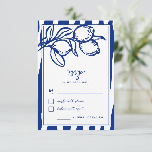 Italian Hand Drawn Lemon Handwritten Blue Wedding 出欠カード (スタンド正面)