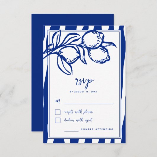 Italian Hand Drawn Lemon Handwritten Blue Wedding 出欠カード (正面/裏面)