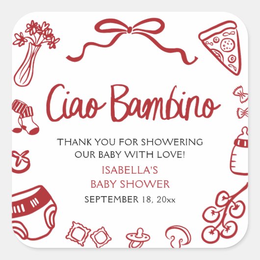 Italian Hand Drawn Pizza Ciao Bambino Baby Shower スクエアシール (正面)