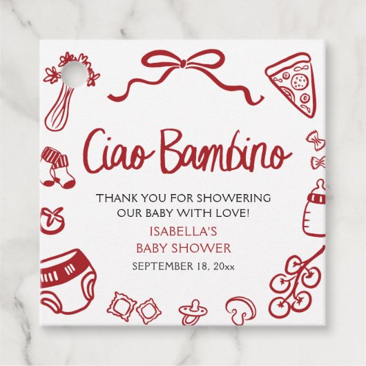 Italian Hand Drawn Pizza Ciao Bambino Baby Shower フェイバータグ (正面)