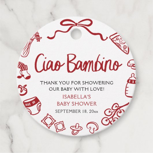 Italian Hand Drawn Pizza Ciao Bambino Baby Shower フェイバータグ (正面)