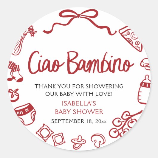 Italian Hand Drawn Pizza Ciao Bambino Baby Shower ラウンドシール (正面)
