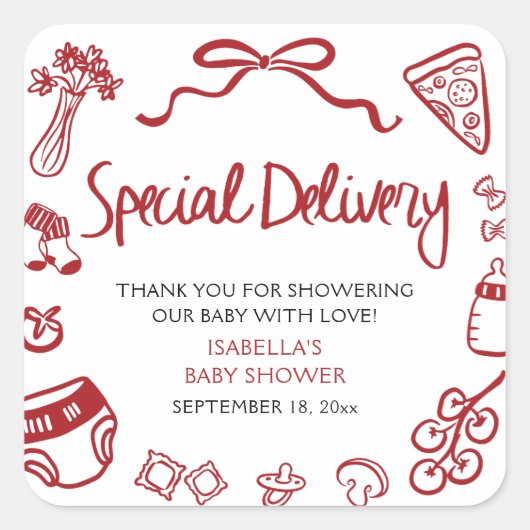 Italian Hand Drawn Special Delivery Baby Shower スクエアシール (正面)