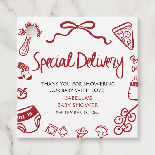 Italian Hand Drawn Special Delivery Baby Shower フェイバータグ (正面)
