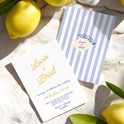 Italian Hand Written Yellow & Blue Stripes Wedding 招待状