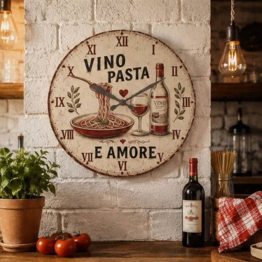 Italian Kitchen Rustic Wine & Pasta Farmhouse ラージ壁時計