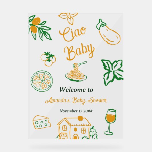 Italian Lemon Ciao Baby Pasta & Pizza Baby Shower アクリルサイン (正面)