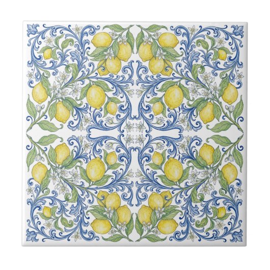 Italian Lemon Citrus Blue Majolica Tile Pattern タイル (正面)