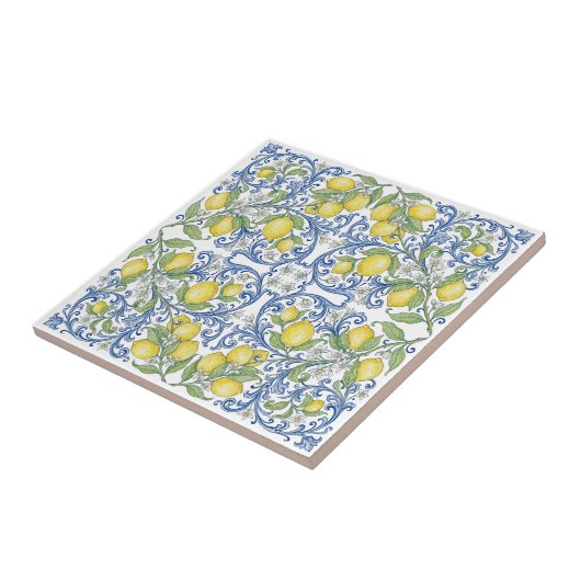 Italian Lemon Citrus Blue Majolica Tile Pattern タイル (側面)
